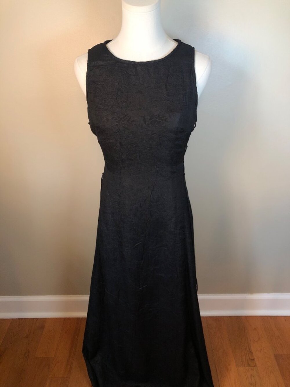 Vintage Gantos Black Jacquard Maxi Dress Corset Cinched Side Ties Sz 8 Goth Glam